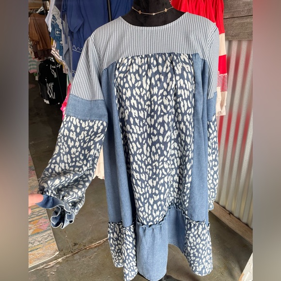 ODDI Blue and White Plus Striped Leopard Pattern Long Puff Sleeves Dress Sz 2XL - Picture 2 of 11